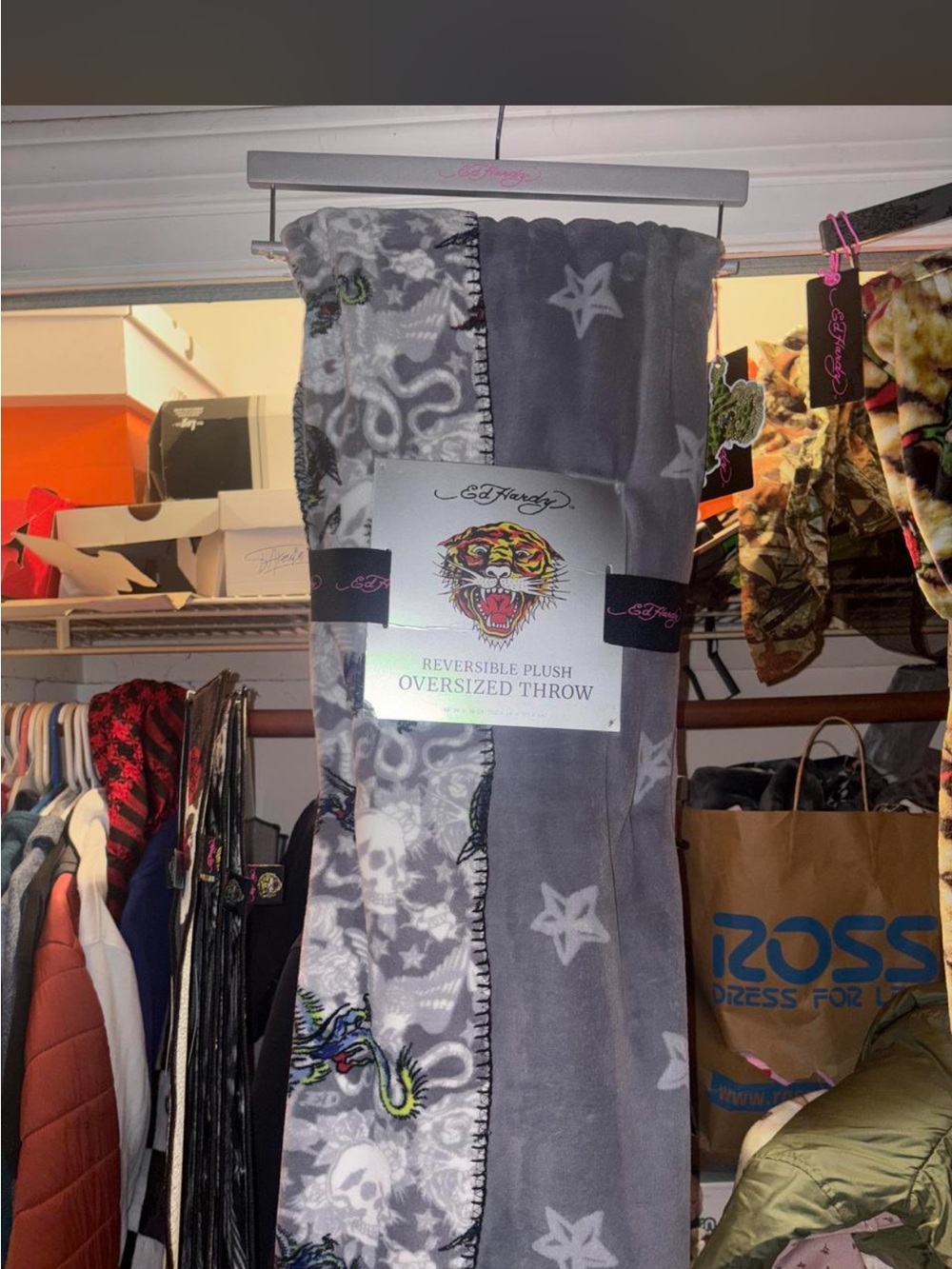 Ed Hardy Gray & White Reversible Plush Oversized Throw